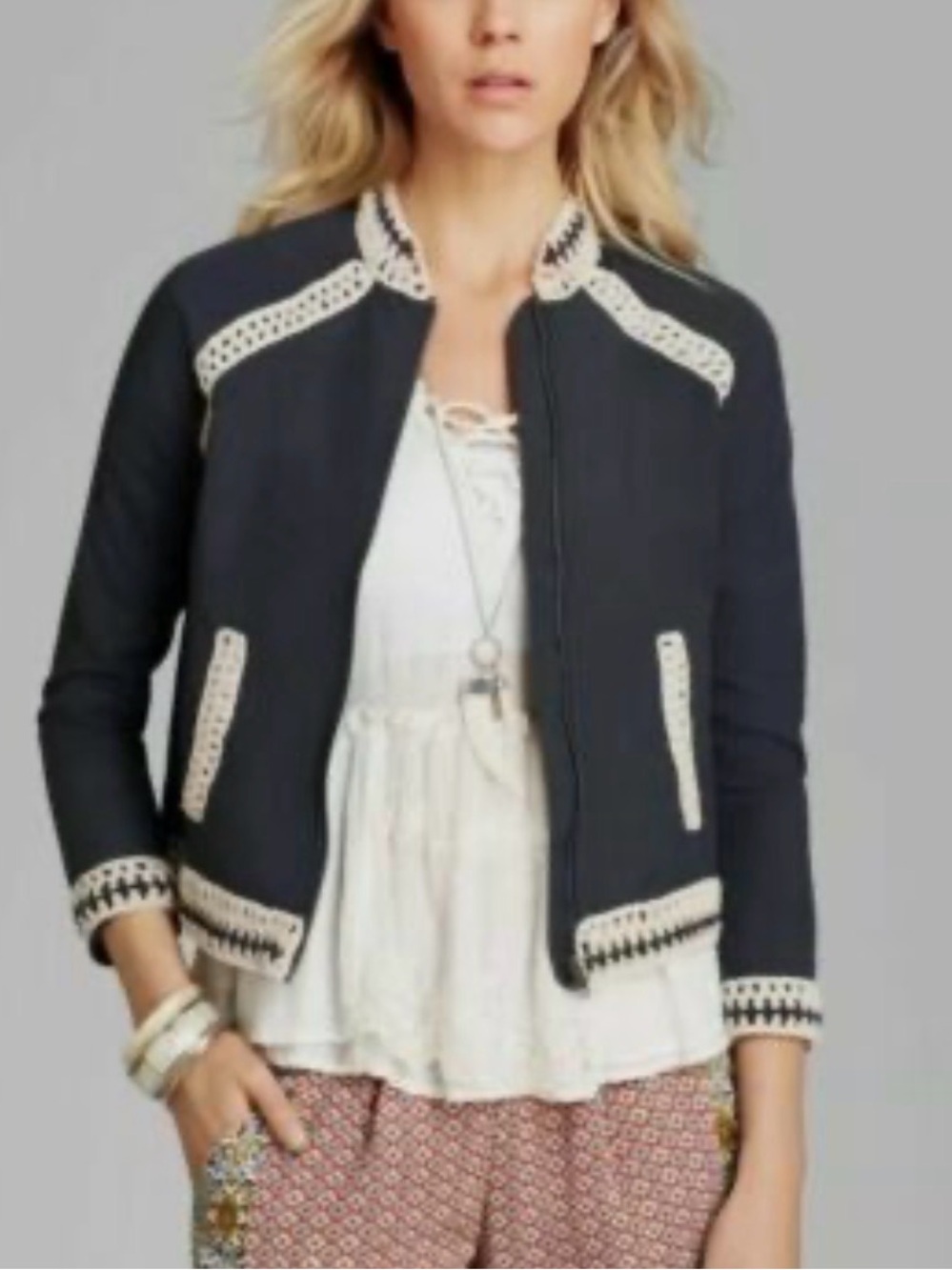 Free People, Crochet Trim, Nylon Bomber Jacket, sz L